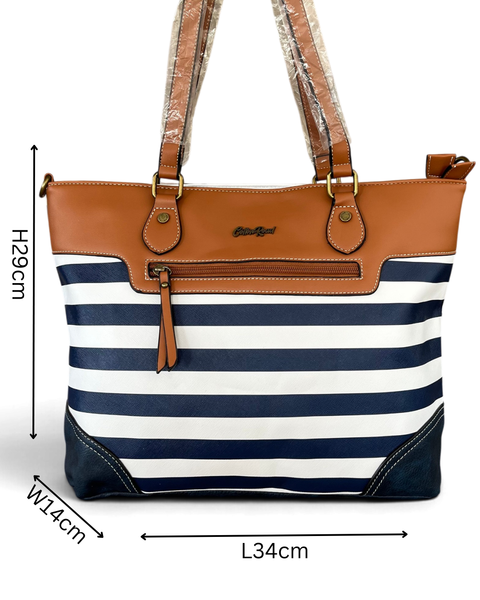 Cotton Road Handbag: NAVY BLUE and WHITE PVC with STRIPES and TAN Trim