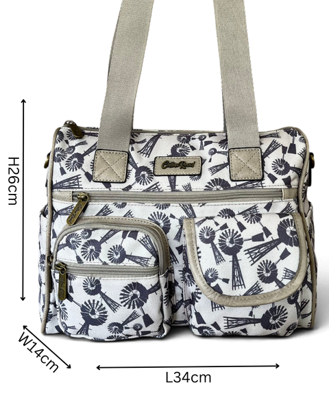 Cotton Road Handbag: Grey Canvas with Windmills Design for Everyday Use