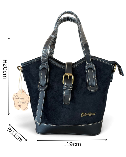 Cotton Road Handbag black suede-look PU leather with magnetic buckle and adjustable strap