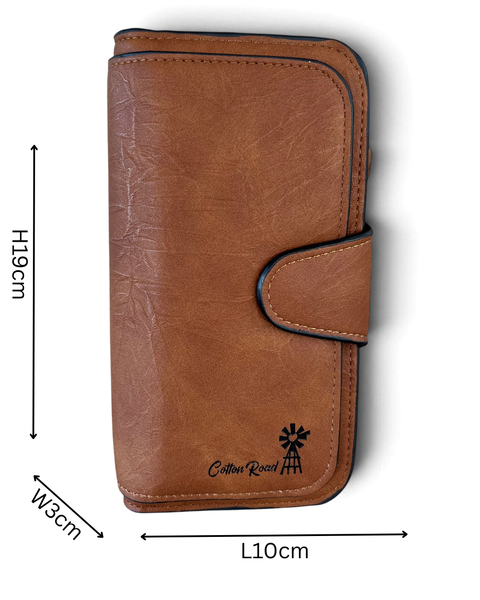 Cotton Road Handbag matching brown PU leather wallet with windmill branding and secure wraparound clip closure