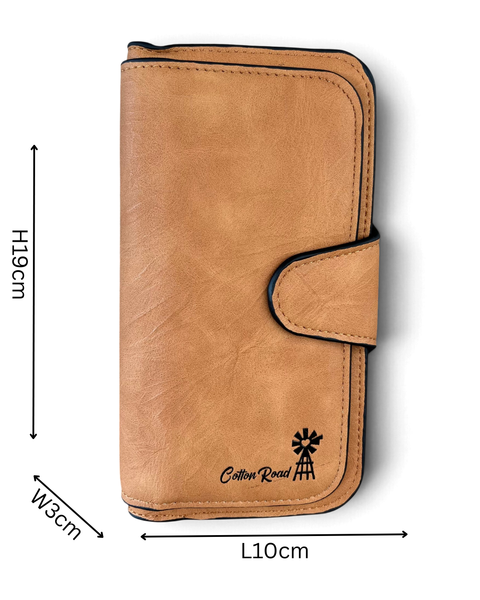 Cotton Road Wallet in khaki PU leather with black edging, rounded flap closure and windmill logo detail; 19cm tall