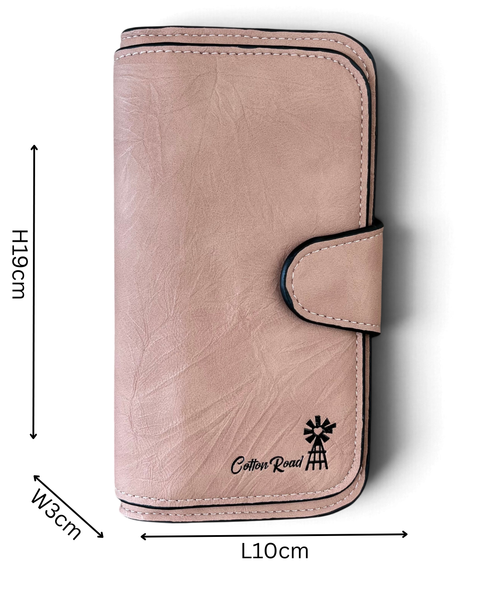 Cotton Road Handbag matching dusty pink PU leather wallet with windmill logo and wraparound clip closure, L19cm × W10cm
