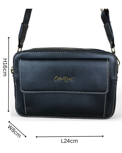Cotton Road Sling Bag: BLACK PU Leather Crossbody Bag with BRANDED STRAP