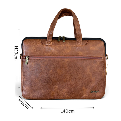 Cotton Road Laptop Bag in brown textured PU leather, featuring dual handles and a front zip pocket.