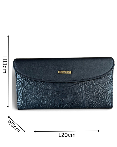 Cotton Road Wallet: Large Black Embossed PU Leather Wallet with CLIP