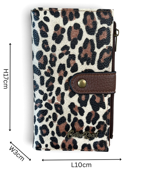 Cotton Road Wallet: Medium BROWN Leopard Print PU Leather with Clip