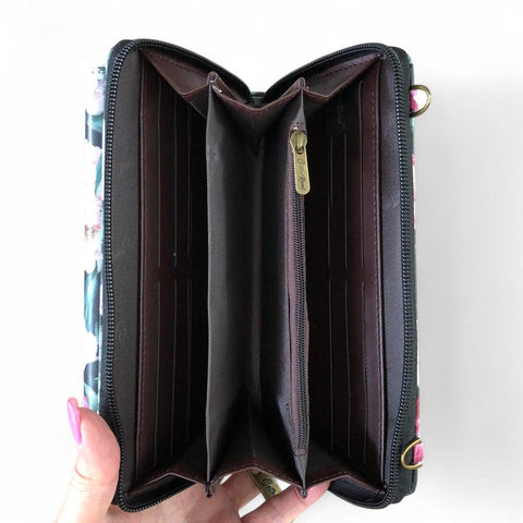 Large BLACK Cotton Road PVC Cellphone Sling Wallet with FLOWERS