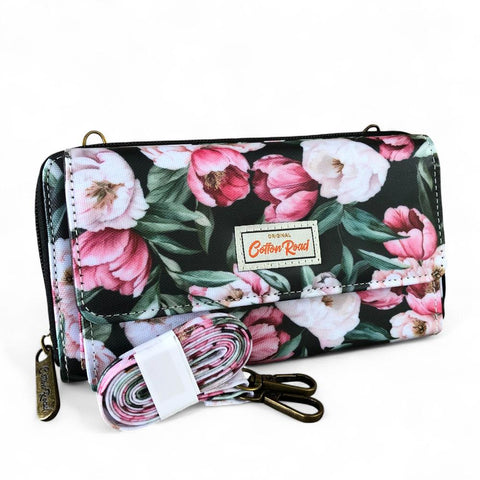 Large BLACK Cotton Road PVC Cellphone Sling Wallet with FLOWERS