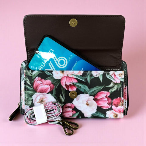 Large BLACK Cotton Road PVC Cellphone Sling Wallet with FLOWERS