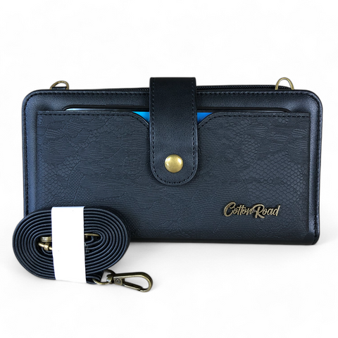 Large BLACK PU Leather Cotton Road Cellphone Sling Wallet with LACE Print