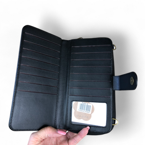 Large BLACK PU Leather Cotton Road Cellphone Sling Wallet with LACE Print