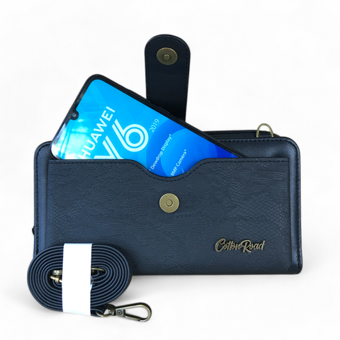 Large BLACK PU Leather Cotton Road Cellphone Sling Wallet with LACE Print