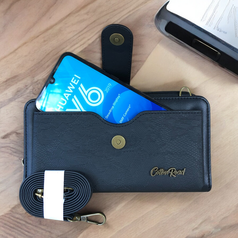 Large BLACK PU Leather Cotton Road Cellphone Sling Wallet with LACE Print