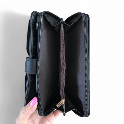 Large BLACK PU Leather Cotton Road Cellphone Sling Wallet with PATTERNED Pocket