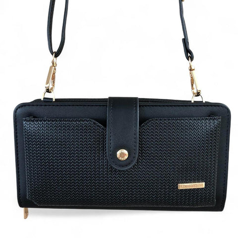 Large BLACK PU Leather Cotton Road Cellphone Sling Wallet with PATTERNED Pocket