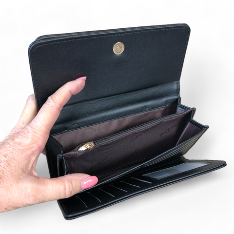 Large BLACK PU Leather Cotton Road Wallet with EMBROIDED PROTEAS
