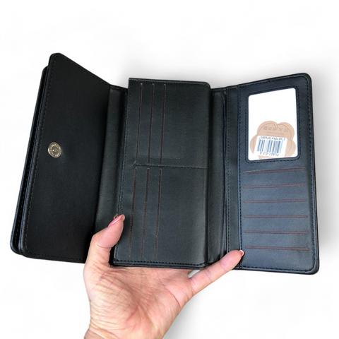 Large BLACK PU Leather Cotton Road Wallet with EMBROIDED PROTEAS