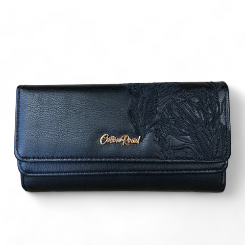 Large BLACK PU Leather Cotton Road Wallet with EMBROIDED PROTEAS