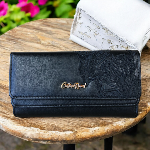 Large BLACK PU Leather Cotton Road Wallet with EMBROIDED PROTEAS