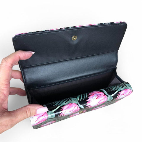 Large BLACK PVC Cotton Road Wallet with PROTEAS