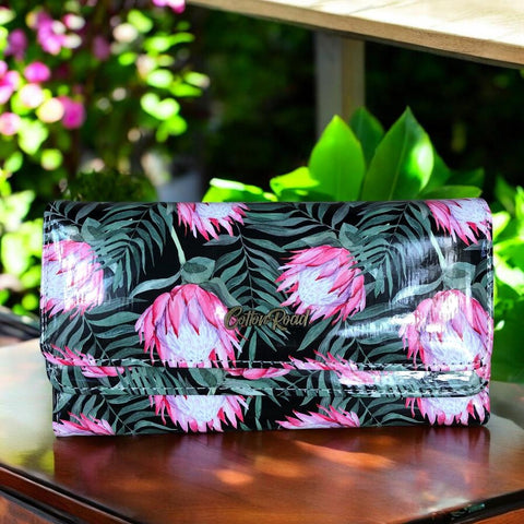 Large BLACK PVC Cotton Road Wallet with PROTEAS