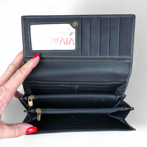 Large BLACK VIVACE Genuine Leather Wallet with Twin Zip Pockets