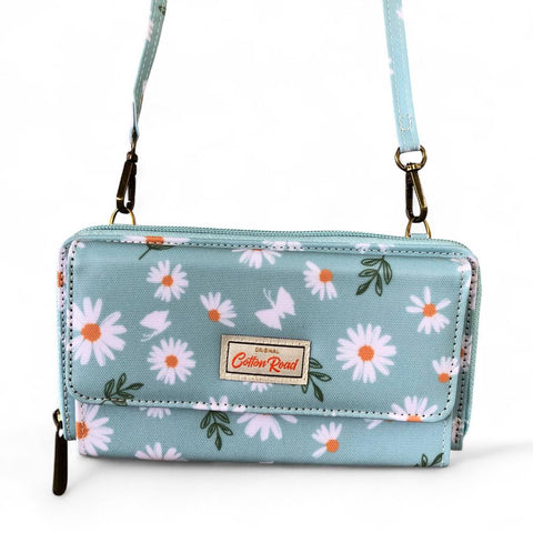 Large BLUE Cotton Road PVC Cellphone Sling Wallet with DAISIES
