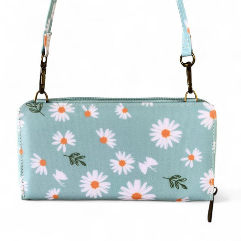 Large BLUE Cotton Road PVC Cellphone Sling Wallet with DAISIES