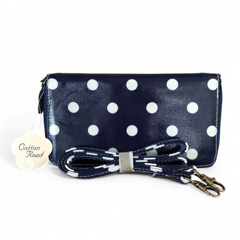 Large BLUE Cotton Road PVC Cellphone Sling Wallet with DOTS