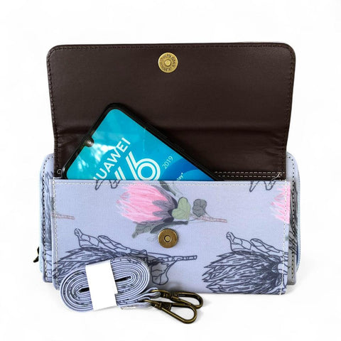 Large BLUE Cotton Road PVC Cellphone Sling Wallet with PROTEAS