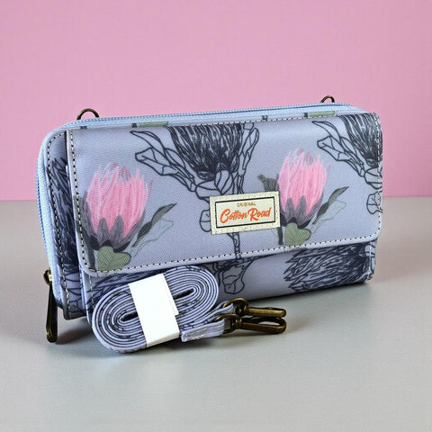 Large BLUE Cotton Road PVC Cellphone Sling Wallet with PROTEAS
