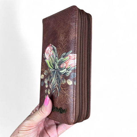Large BROWN PU LEATHER Cotton Road Wallet with PROTEAS