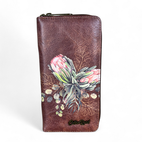 Large BROWN PU LEATHER Cotton Road Wallet with PROTEAS