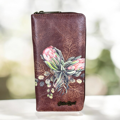 Large BROWN PU LEATHER Cotton Road Wallet with PROTEAS