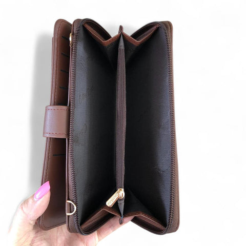 Large BROWN PU Leather Cotton Road Cellphone Sling Wallet with PATTERNED Pocket