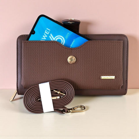 Large BROWN PU Leather Cotton Road Cellphone Sling Wallet with PATTERNED Pocket