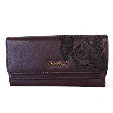 Large BROWN PU Leather Cotton Road Wallet with EMBROIDED PROTEAS