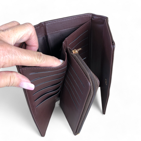 Large BROWN Tri-fold PU Leather Cotton Road Wallet with PATTERNED Panel