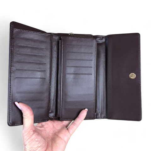 Large BROWN Tri-fold PU Leather Cotton Road Wallet with PATTERNED Panel