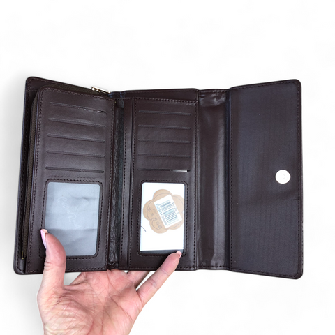 Large BROWN Tri-fold PU Leather Cotton Road Wallet with PATTERNED Panel