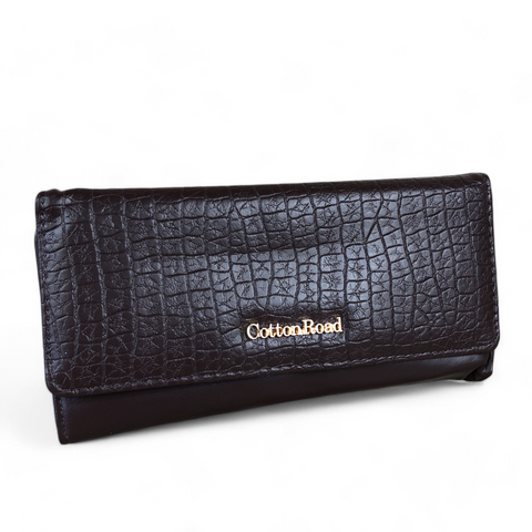 Large BROWN Tri-fold PU Leather Cotton Road Wallet with PATTERNED Panel