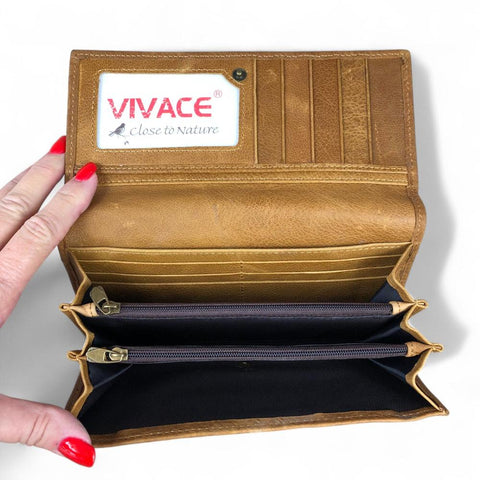 Large BROWN VIVACE Genuine Leather Wallet with Twin Zip Pockets