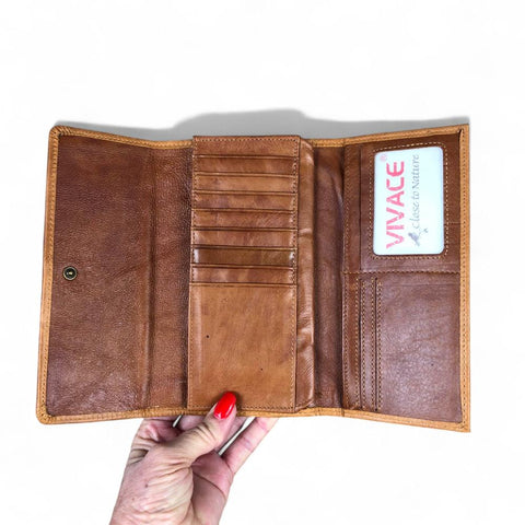 Large CAMEL BROWN Tri-Fold VIVACE Genuine Leather Wallet