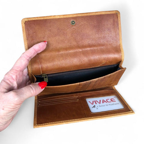 Large CAMEL BROWN Tri-Fold VIVACE Genuine Leather Wallet