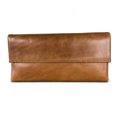 Large CAMEL BROWN Tri-Fold VIVACE Genuine Leather Wallet with TOPSTITCH