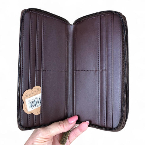 Large COFFEE BROWN PU LEATHER Cotton Road Wallet with PROTEAS