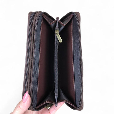 Large COFFEE BROWN PU LEATHER Cotton Road Wallet with PROTEAS
