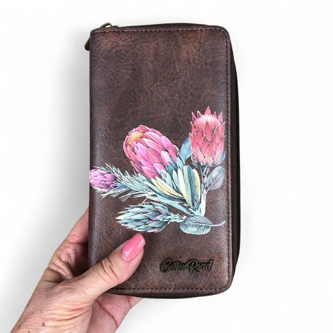 Large COFFEE BROWN PU LEATHER Cotton Road Wallet with PROTEAS