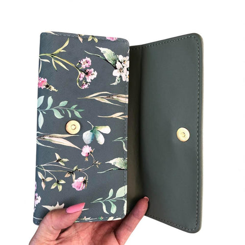 Large FLORAL GREEN PU Leather Cotton Road Wallet