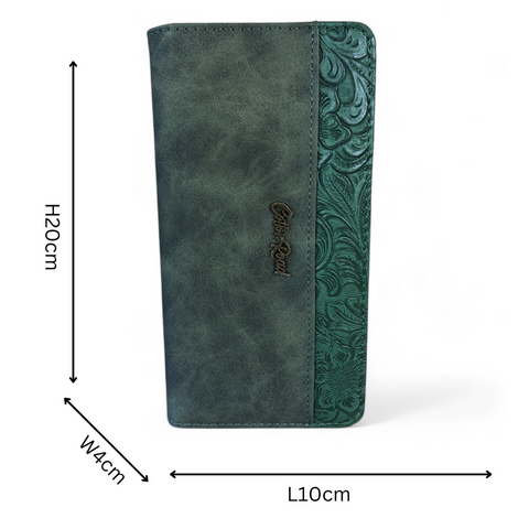Large GREEN PU Leather Cotton Road Wallet with EMBOSSED Pattern detailing